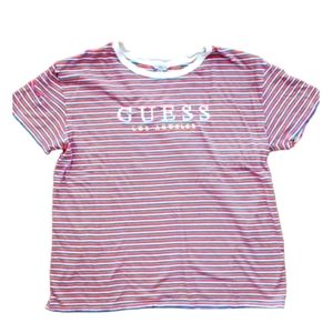Guess Womans Striped Short‎ Sleeve Embroidered Logo Shirt Size Small